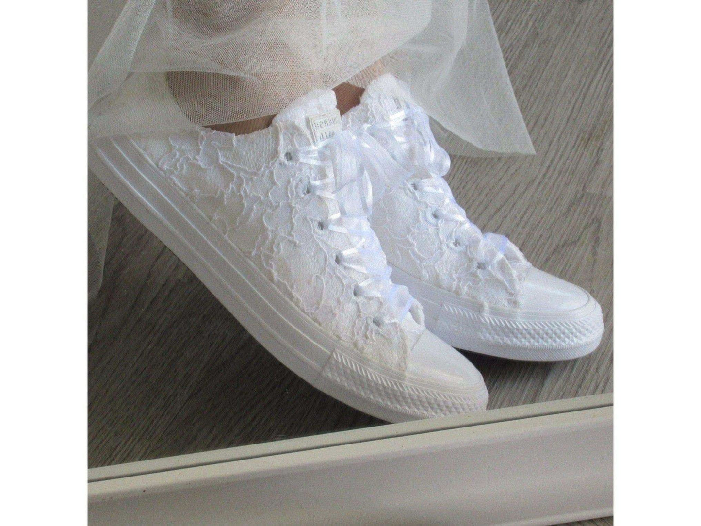 White Lace Wedding Converse Trainers For Brides - Crystal Shoe Designs