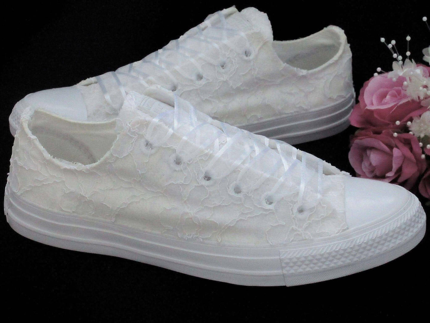 White Lace Wedding Converse Trainers For Brides - Crystal Shoe Designs