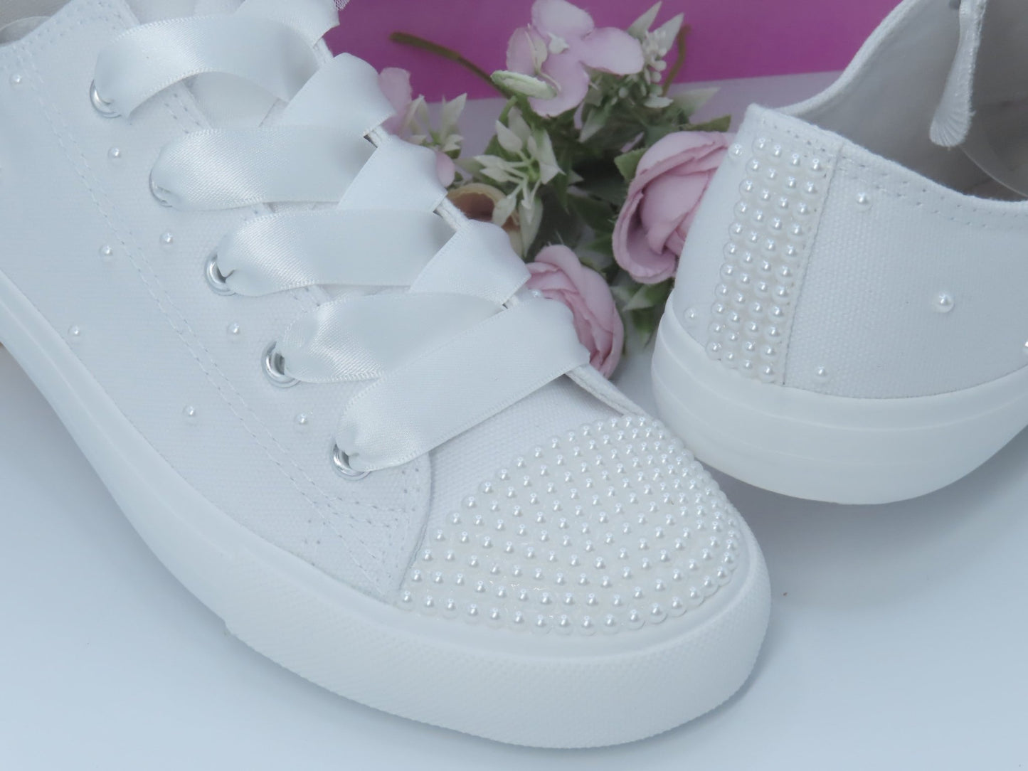 White Pearl Canvas Wedding Trainers for Brides. - Crystal Shoe Designs