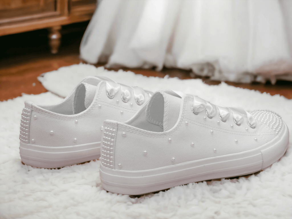 White Pearl Canvas Wedding Trainers for Brides. - Crystal Shoe Designs