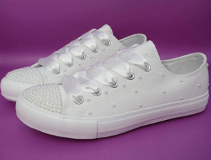 White Pearl Flower Girl / Communion Trainers. - Crystal Shoe Designs