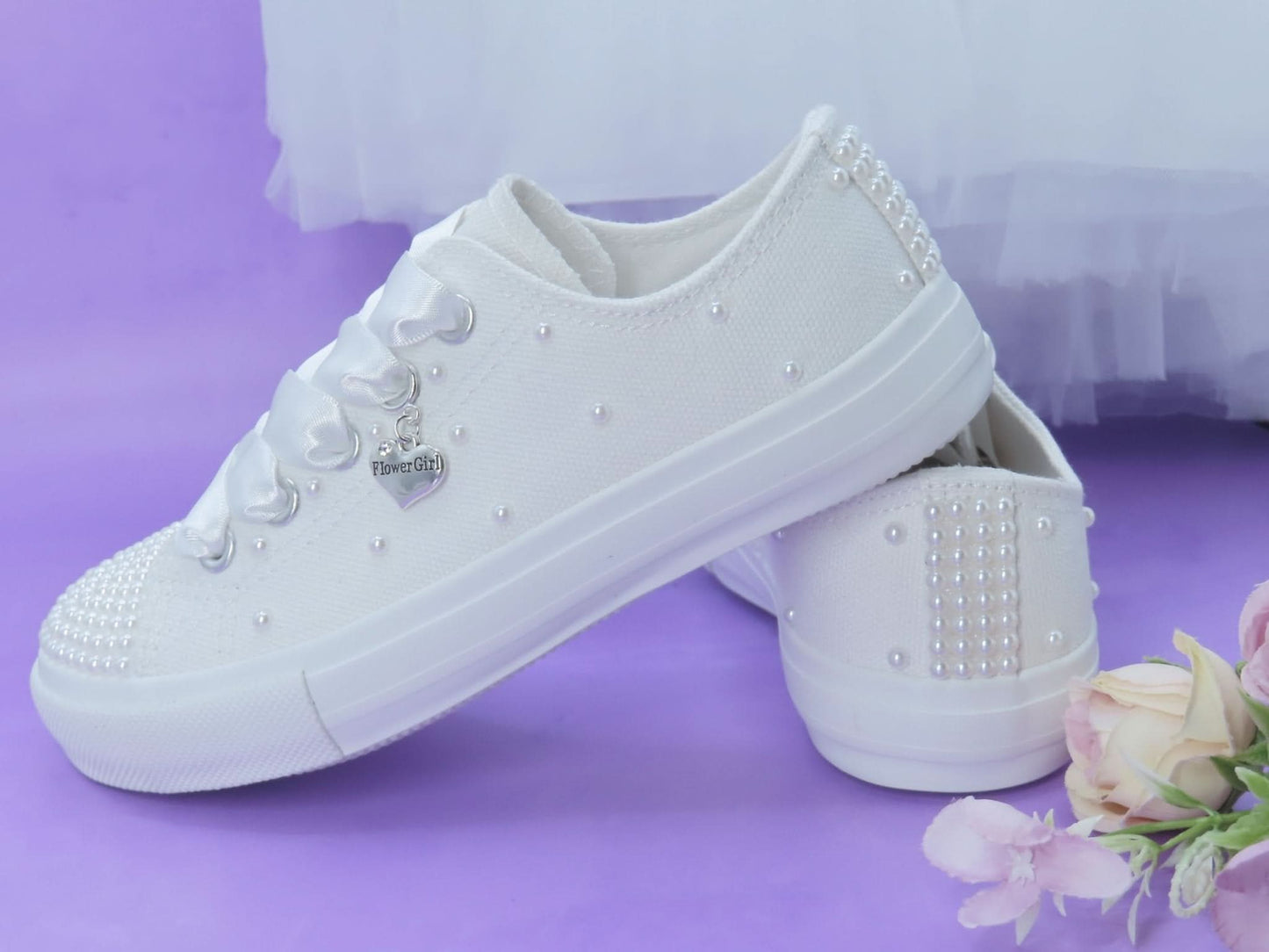 White Pearl flower Girl Trainer Shoes - Crystal Shoe Designs
