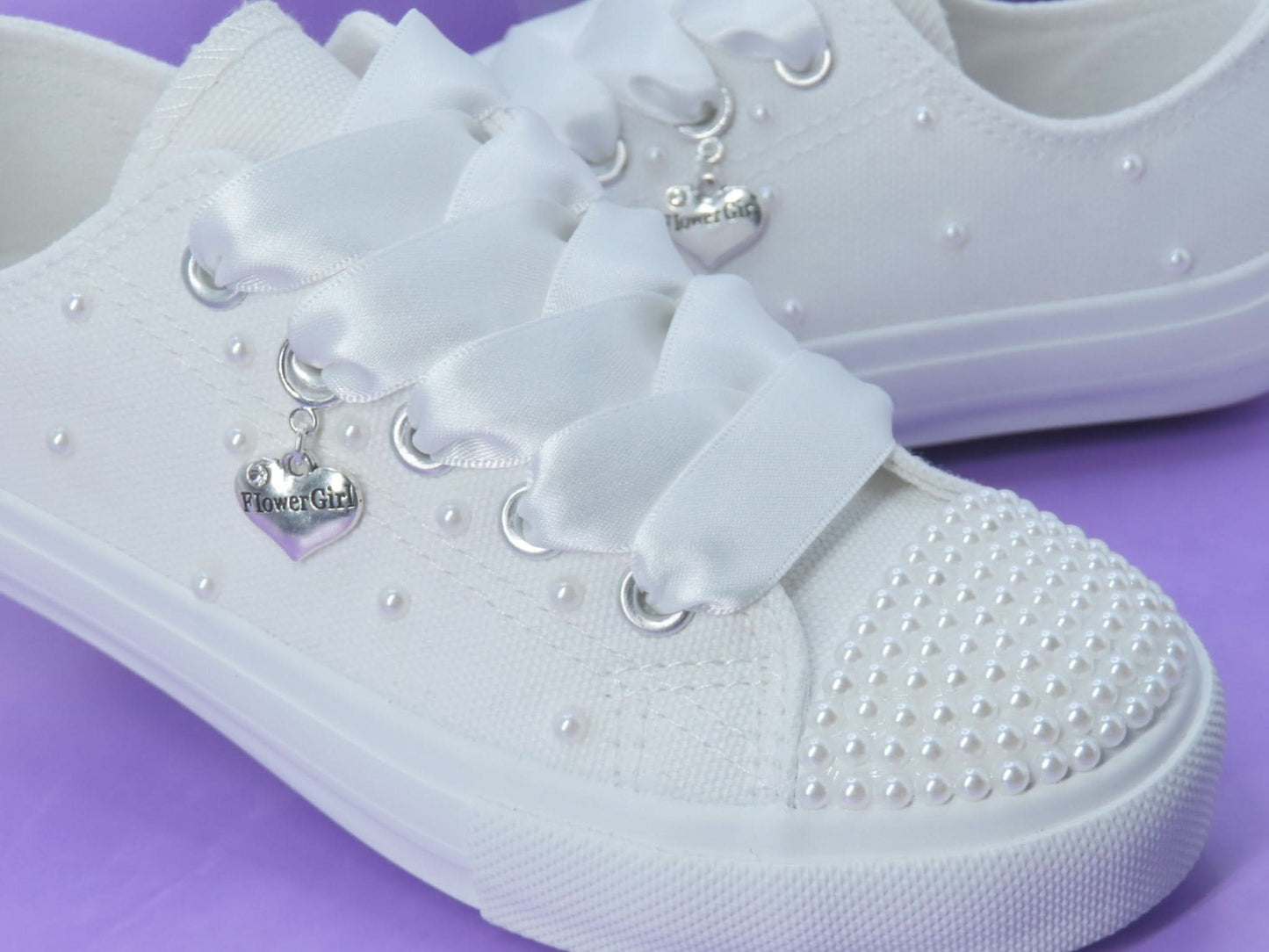 White Pearl flower Girl Trainer Shoesp - Crystal Shoe Designs