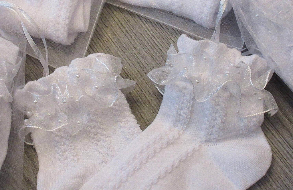 White Pearl Frill Wedding Socks - Crystal Shoe Designs