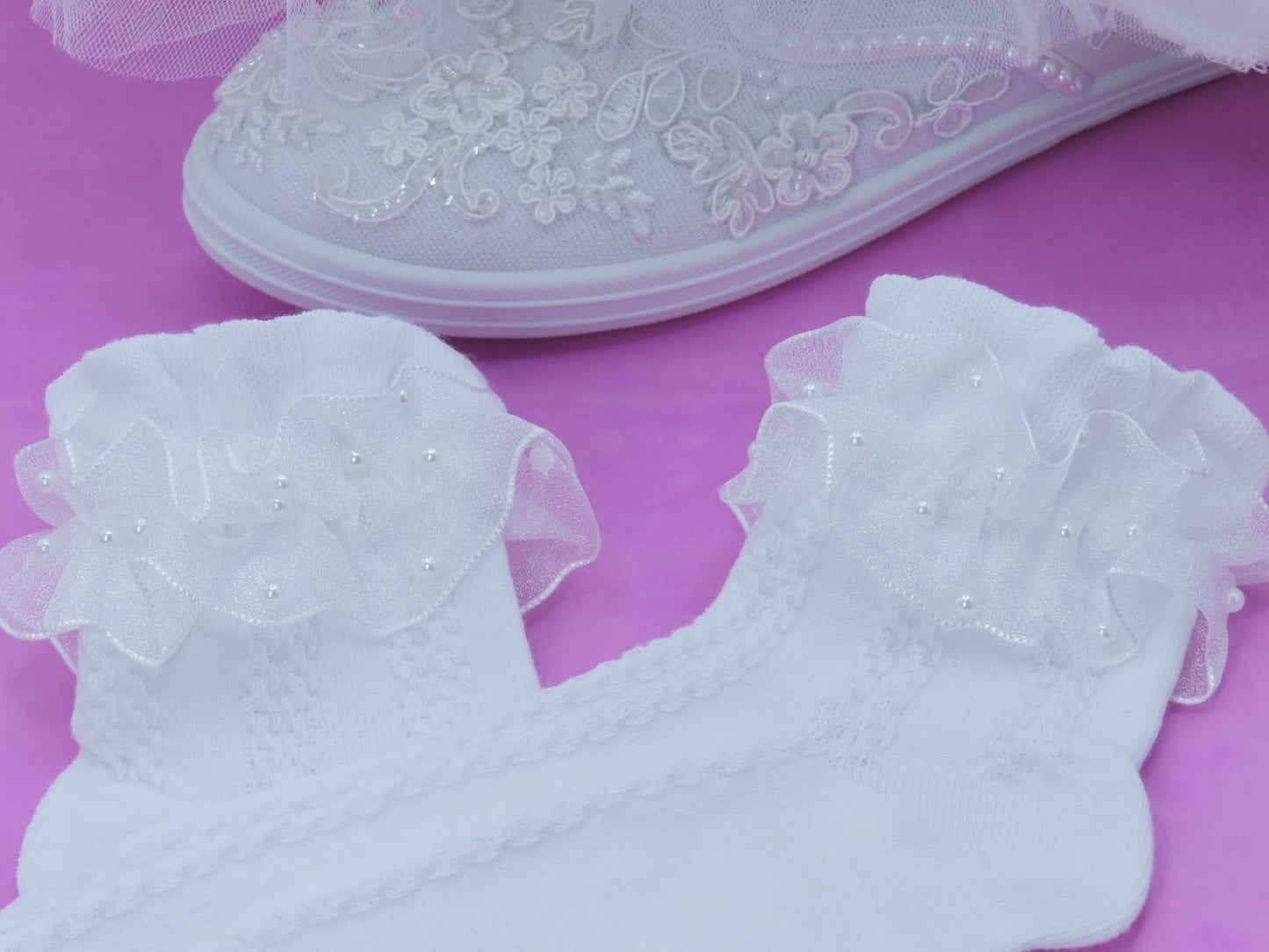 White Pearl Frill Wedding Socks - Crystal Shoe Designs