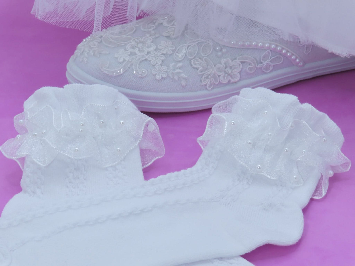 White Pearl Frill Wedding Socks - Crystal Shoe Designs