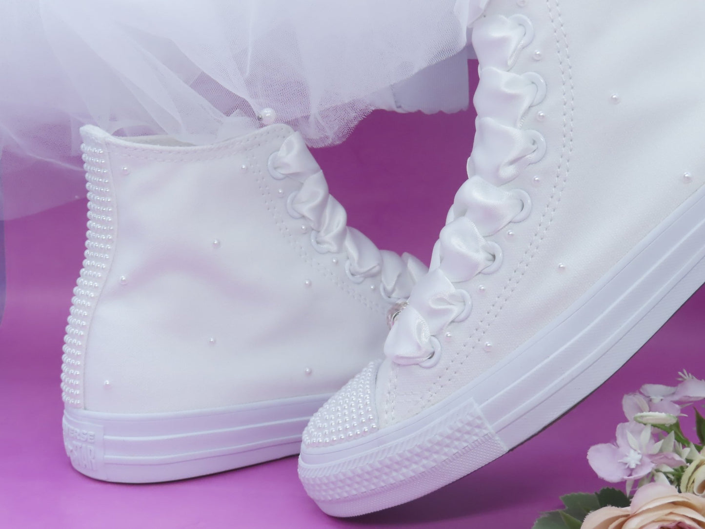 White Pearl Hi top Converse. - Crystal Shoe Designs