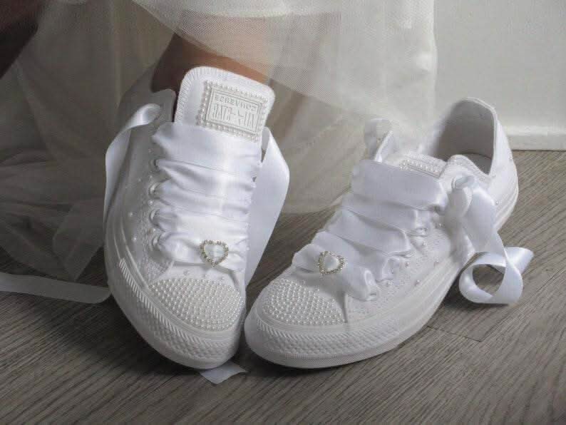 White Pearl Wedding Converse - Crystal Shoe Designs
