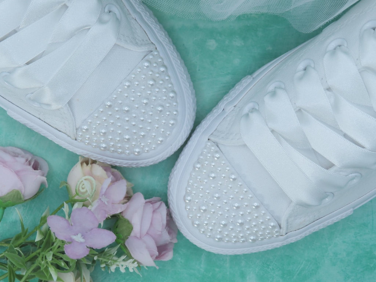 White Pearl Wedding Converse For Brides. - Crystal Shoe Designs