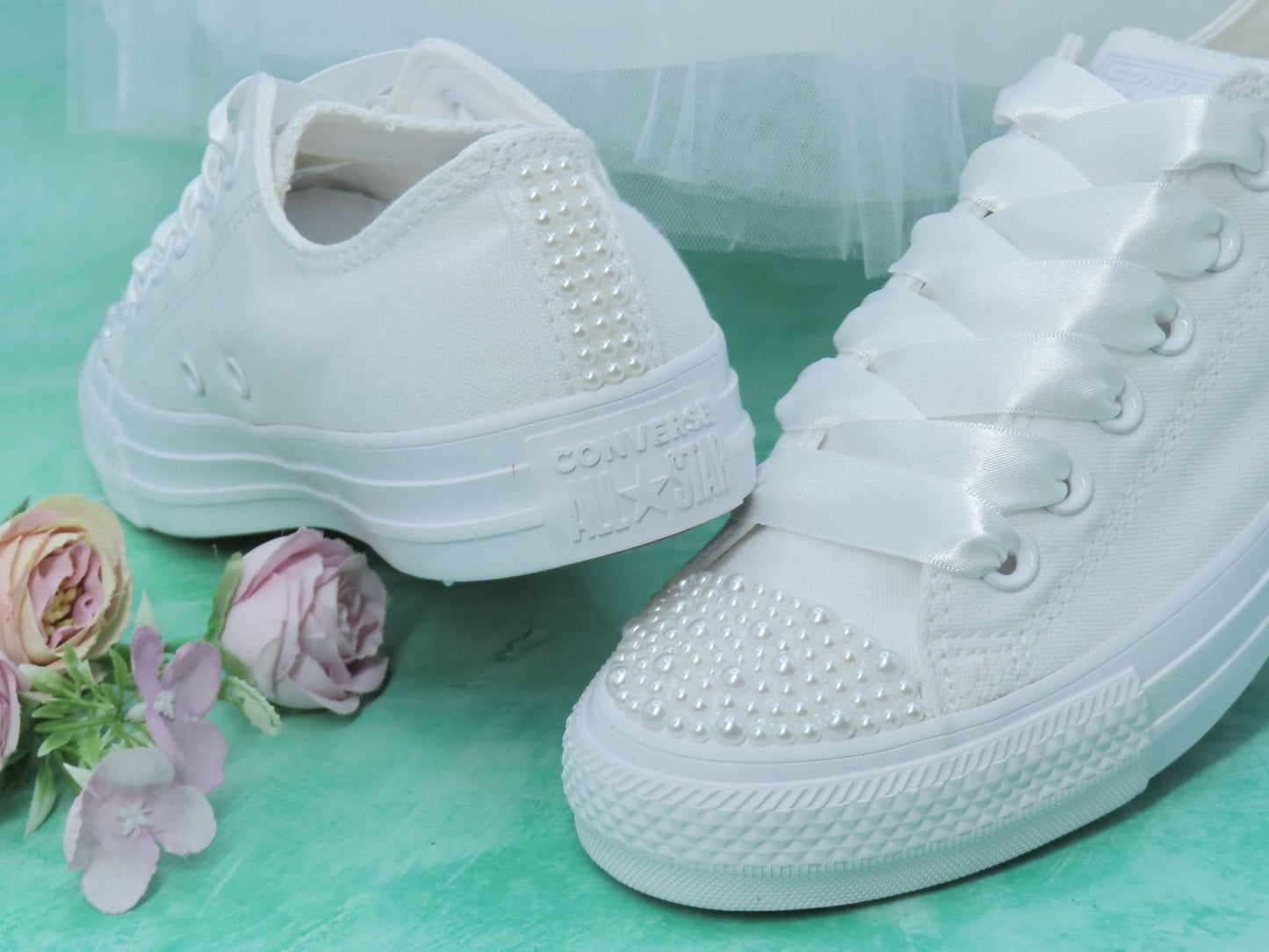 White Pearl Wedding Converse For Brides. - Crystal Shoe Designs
