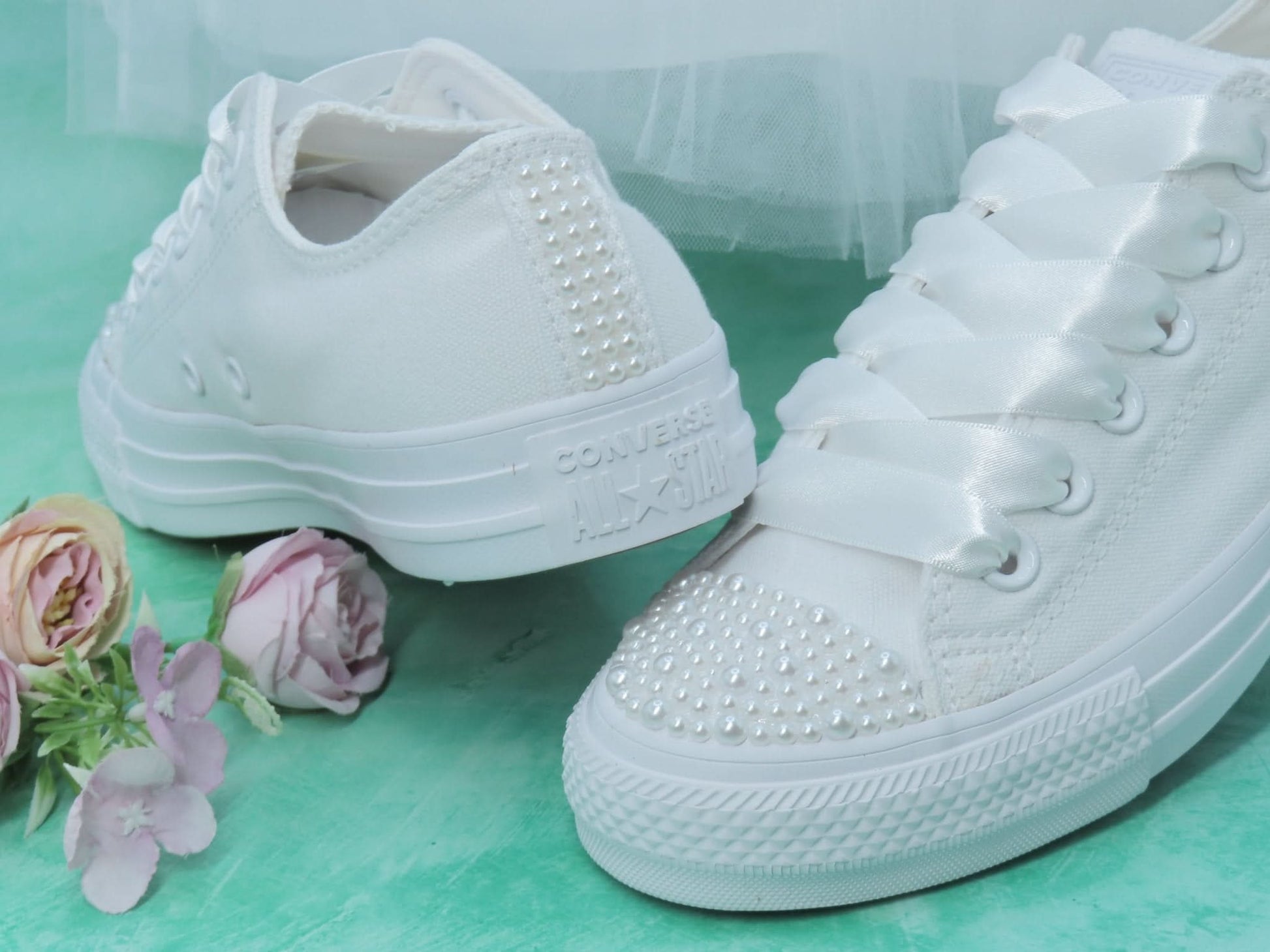 White Pearl Wedding Converse For Brides. - Crystal Shoe Designs