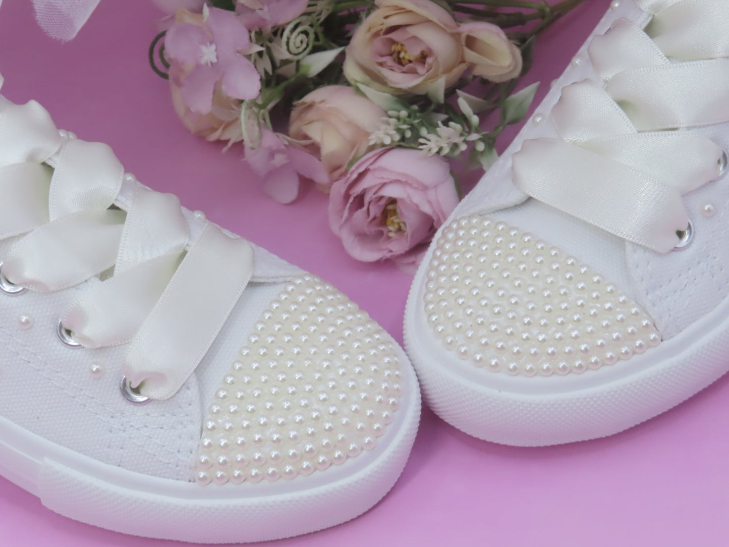 White/Ivory Pearl Canvas Wedding Trainers for Brides. - Crystal Shoe Designs