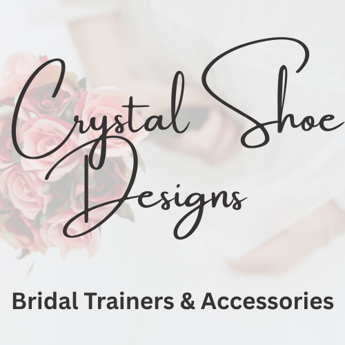 Crystal Shoe Designs logo with 'Bridal Trainers & Accessories' text on a light background with pink roses.