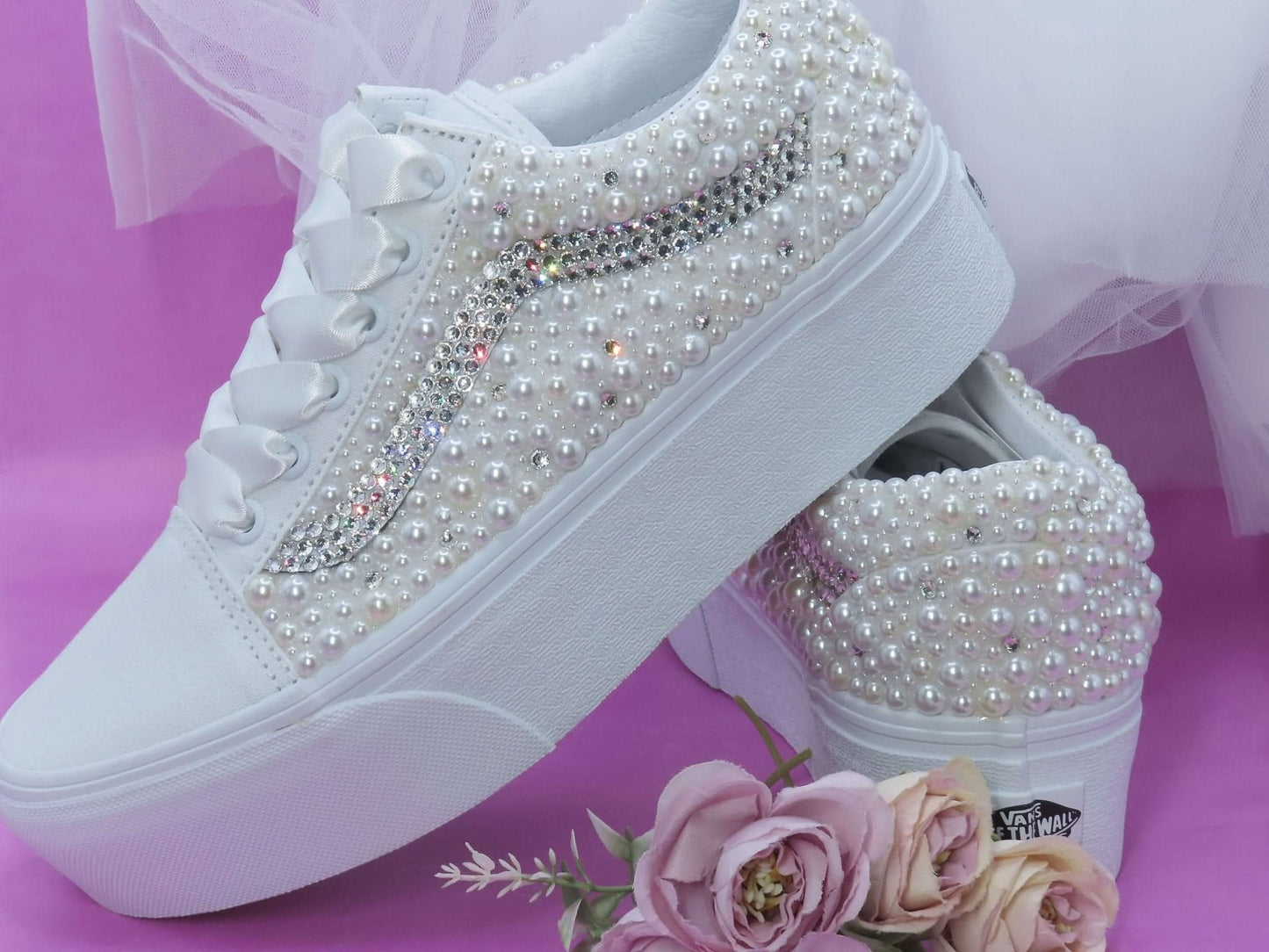 Bridal Crystal & Pearl Vans Platform trainers - Crystal Shoe Designs