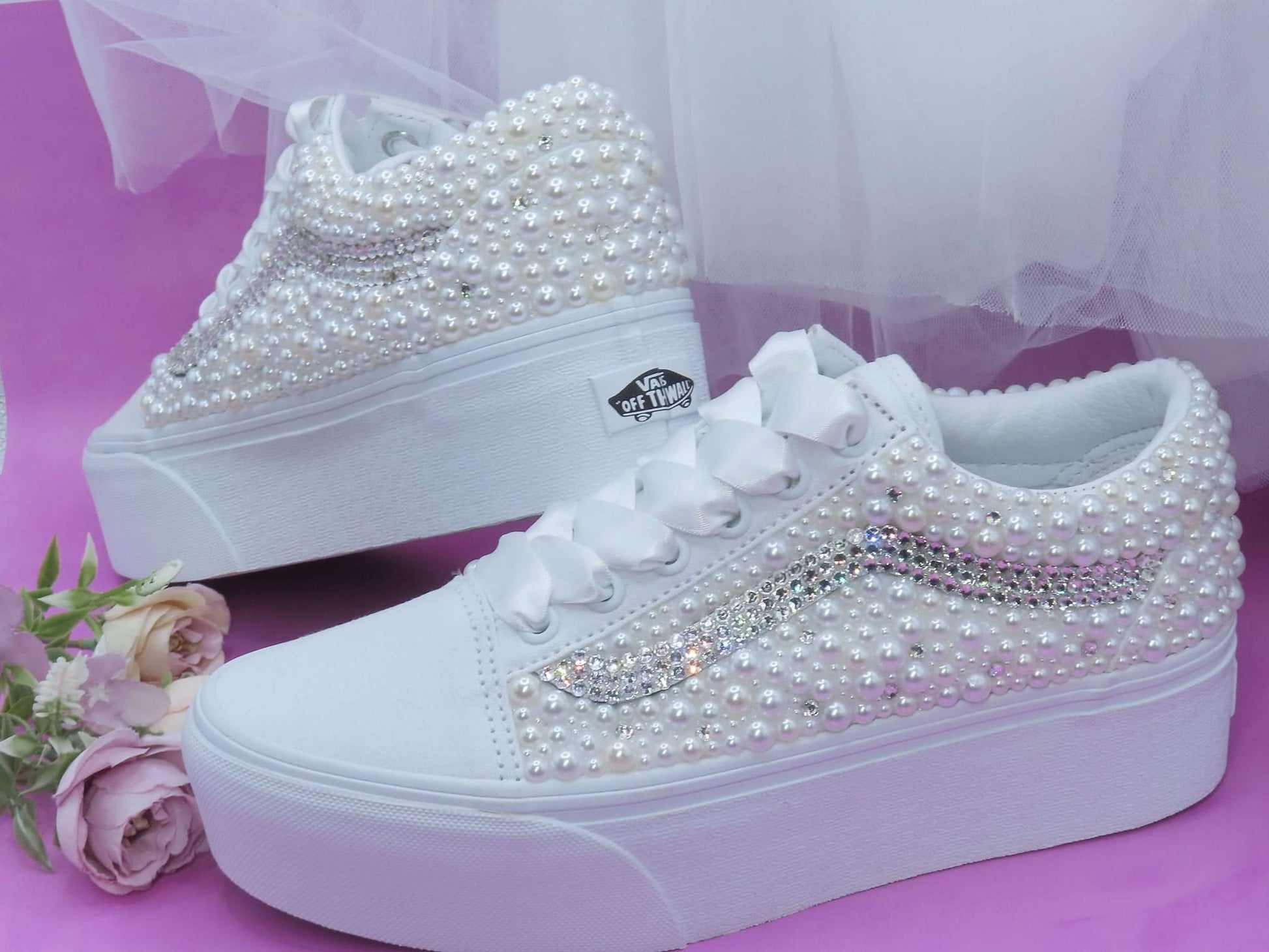 Bridal Crystal & Pearl Vans Platform trainers - Crystal Shoe Designs