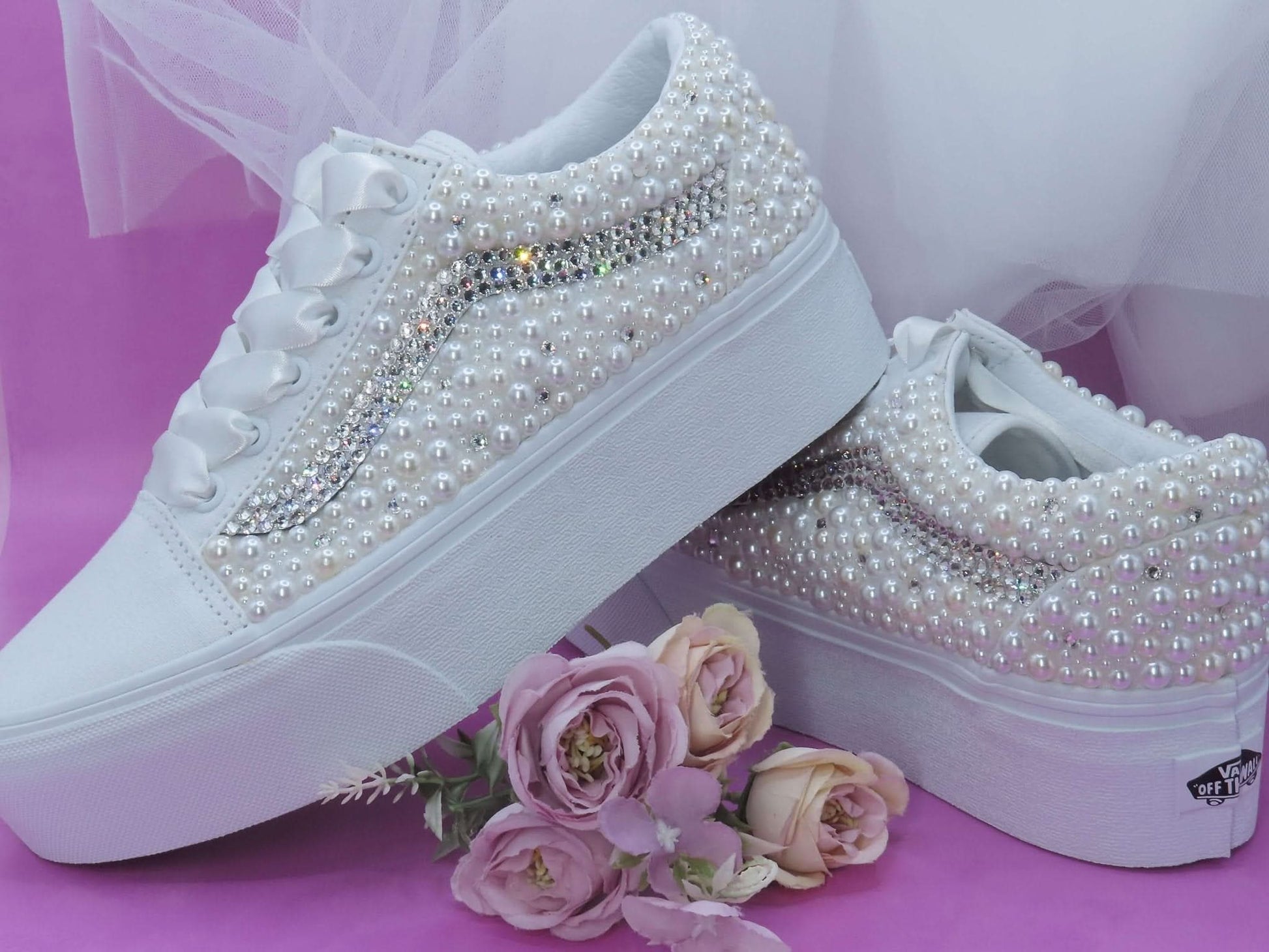 Bridal Crystal & Pearl Vans Platform trainers - Crystal Shoe Designs