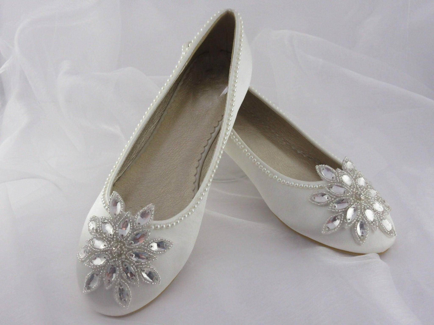 Bridal Custom Ivory Flat Shoes/ Satin Wedding Shoes/ Wedding Flats/ Embellished Wedding Shoes. - Crystal Shoe Designs