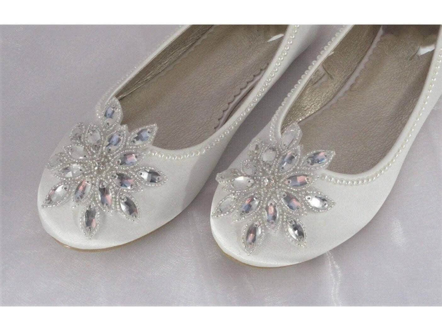 Bridal Custom Ivory Flat Shoes/ Satin Wedding Shoes/ Wedding Flats/ Embellished Wedding Shoes. - Crystal Shoe Designs