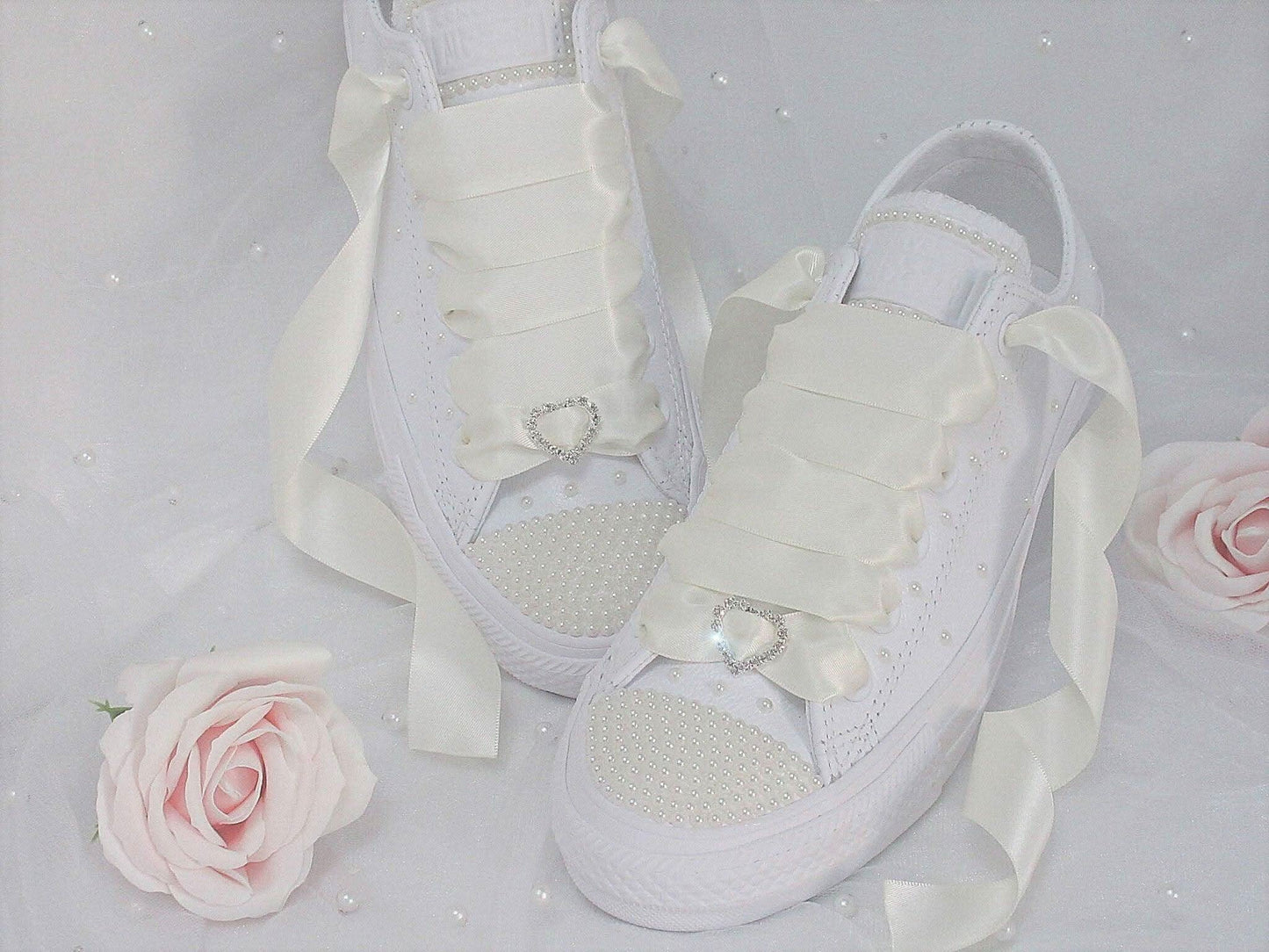 Bridal Wedding Custom Ivory Pearl Leather Converse - Wedding Sneakers - Bride Converse. - Crystal Shoe Designs