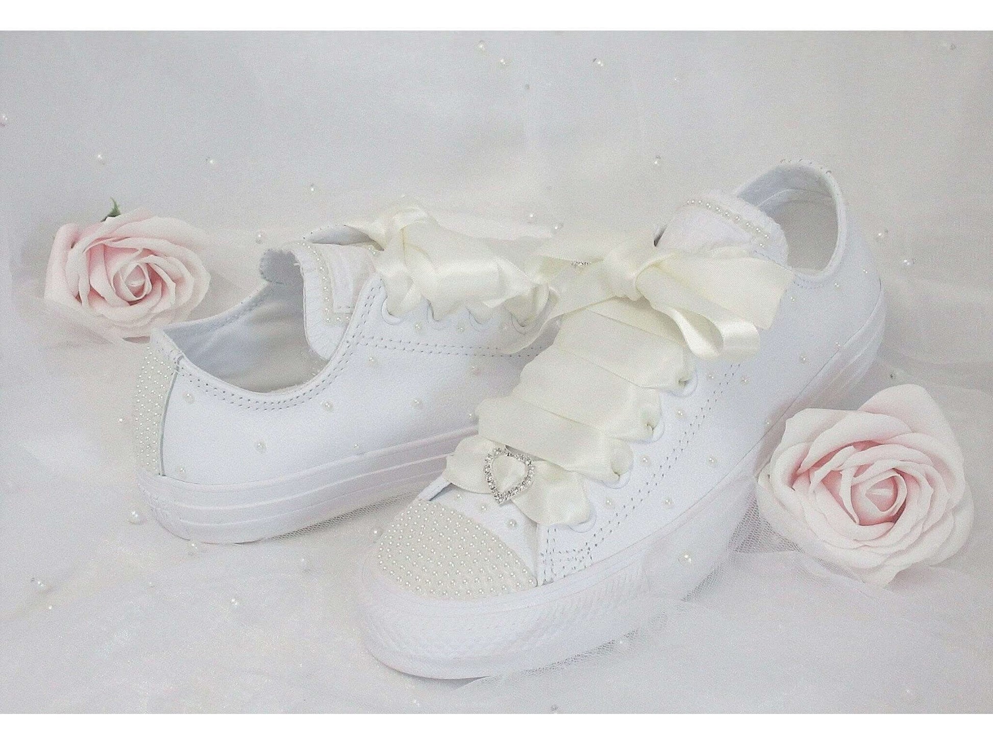 Bridal Wedding Custom Ivory Pearl Leather Converse - Wedding Sneakers - Bride Converse. - Crystal Shoe Designs