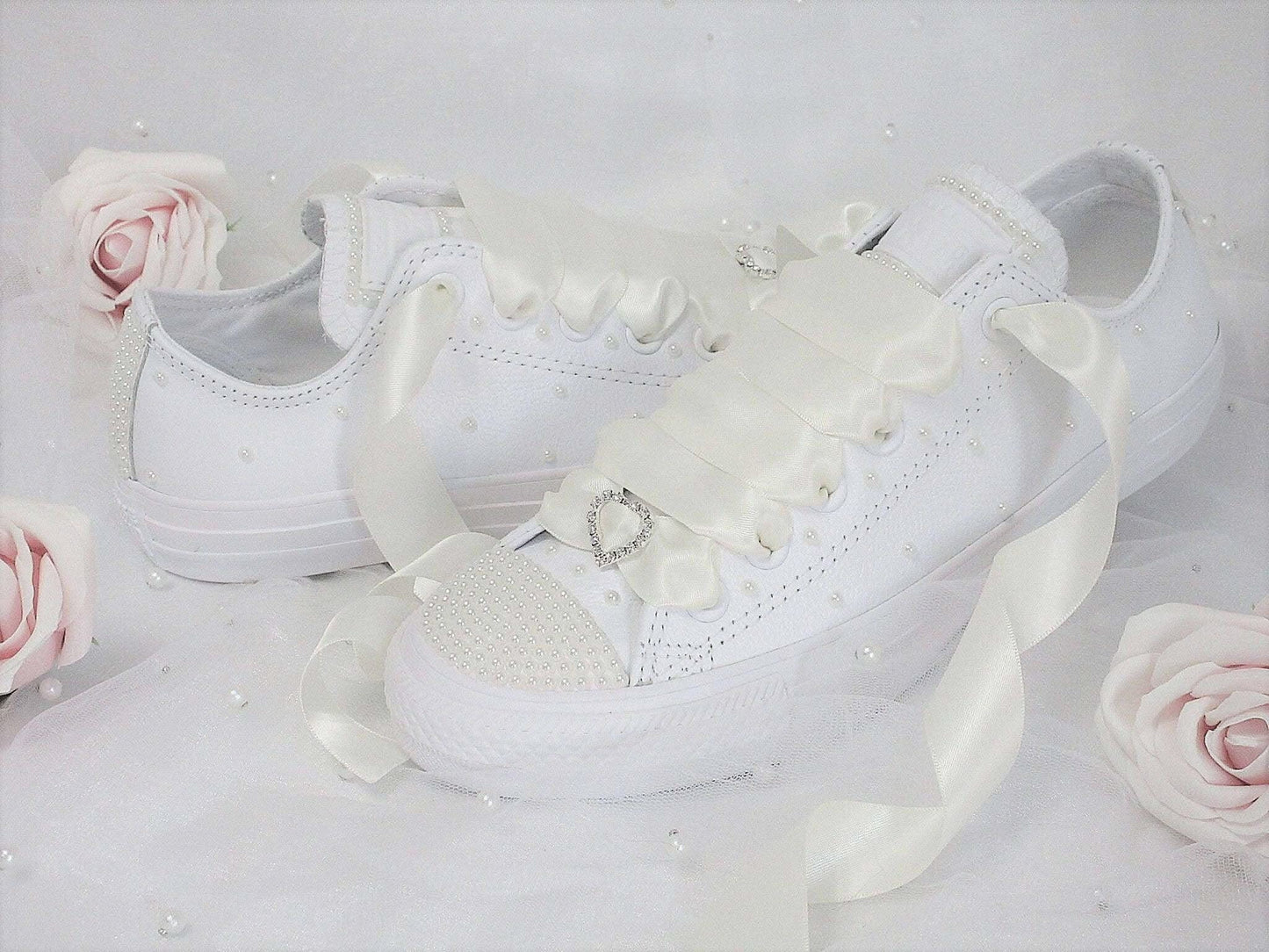 Bridal Wedding Custom Ivory Pearl Leather Converse - Wedding Sneakers - Bride Converse. - Crystal Shoe Designs