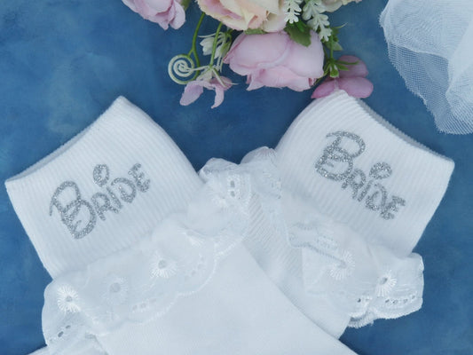 "Bride" Printed Frill Wedding Socks. - Crystal Shoe Designs