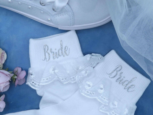 "Bride" Printed Frilly Wedding Socks. - Crystal Shoe Designs