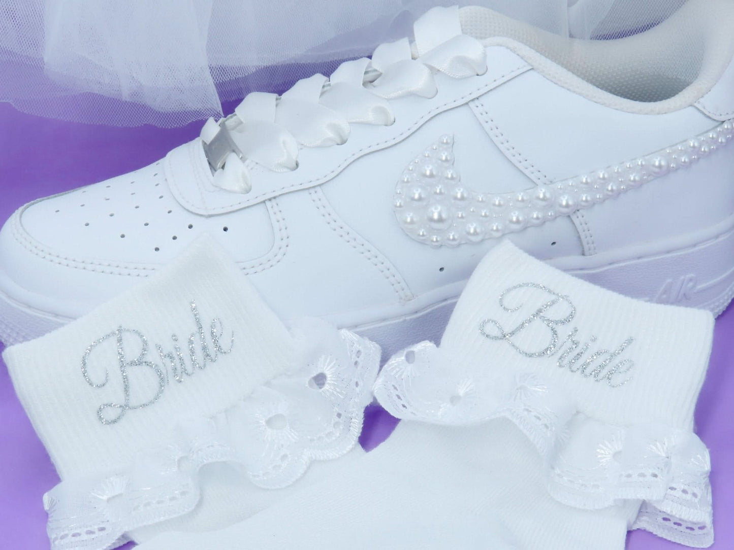 "Bride" White Frill Wedding Socks - Crystal Shoe Designs