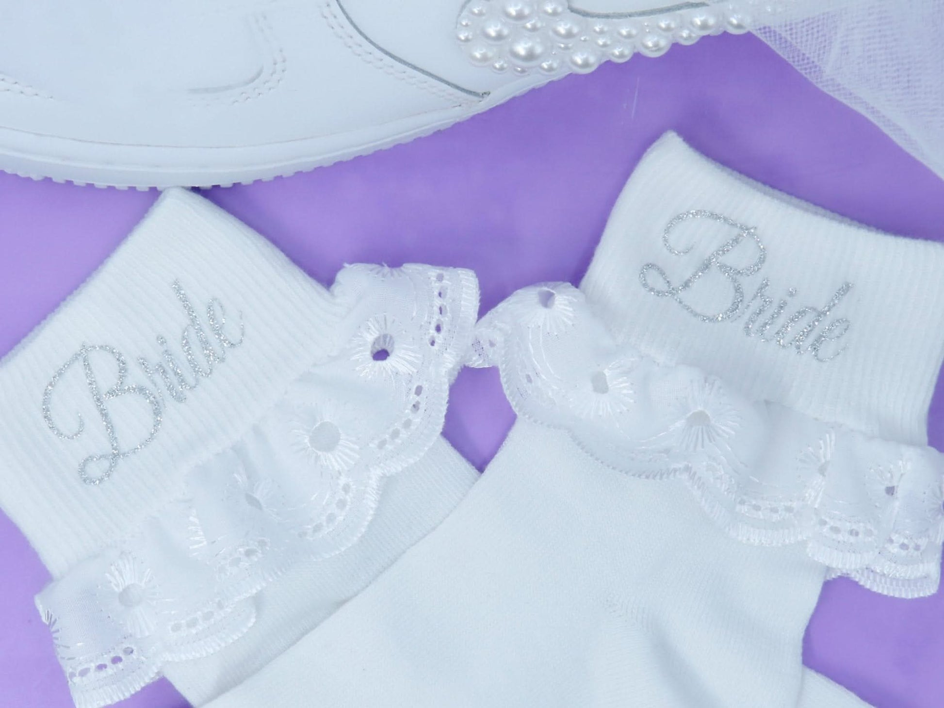 "Bride" White Frill Wedding Socks - Crystal Shoe Designs