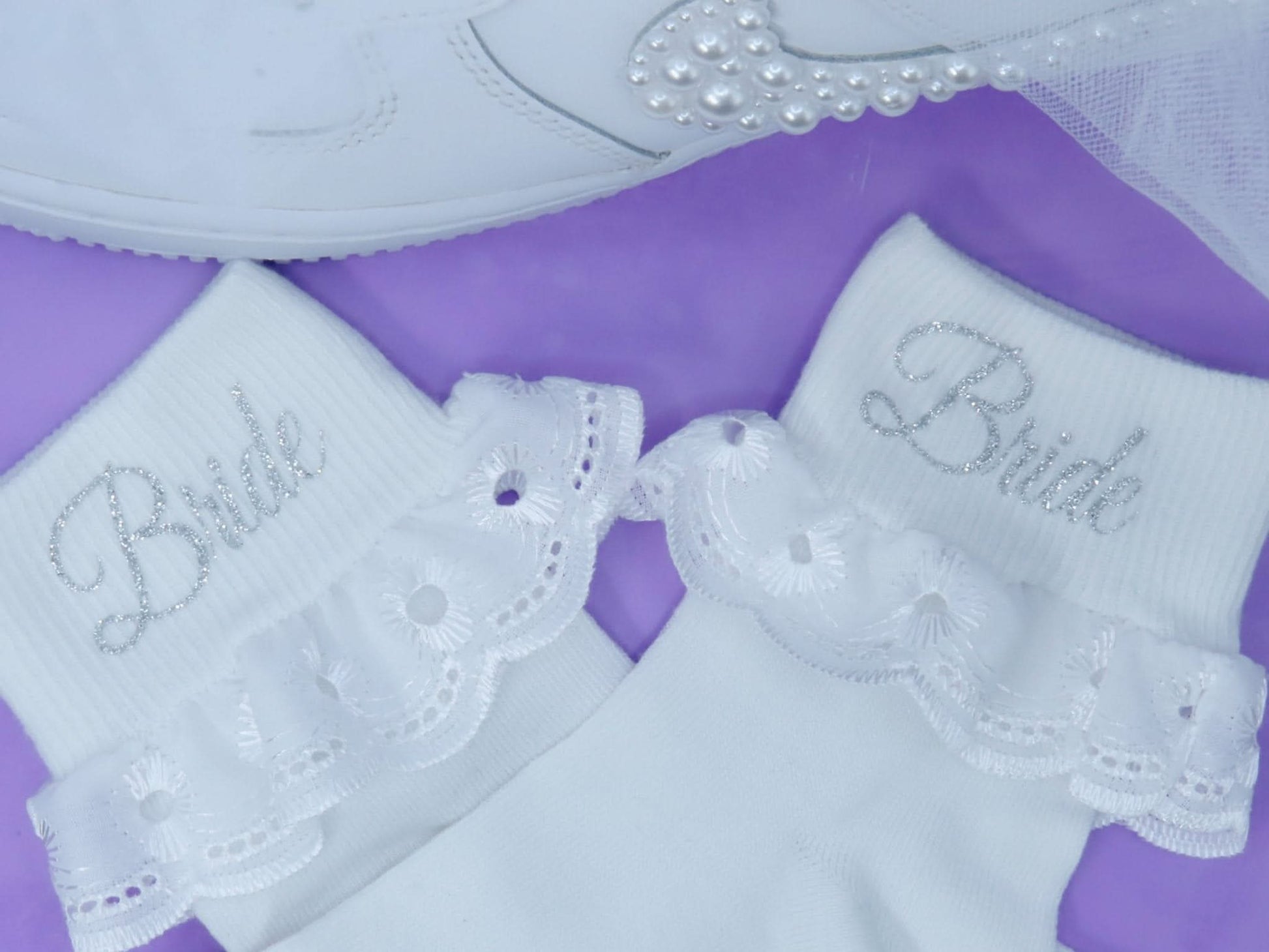 "Bride" White Frill Wedding Socks - Crystal Shoe Designs