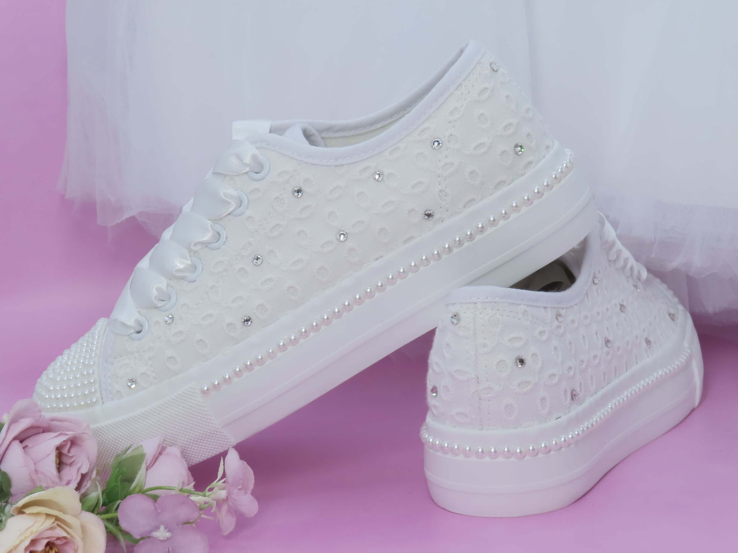 Crystal Shoe Designs Shoes Flower Girl/ Holy Communion White Lace Crystal & Pearl Detail Trainers.