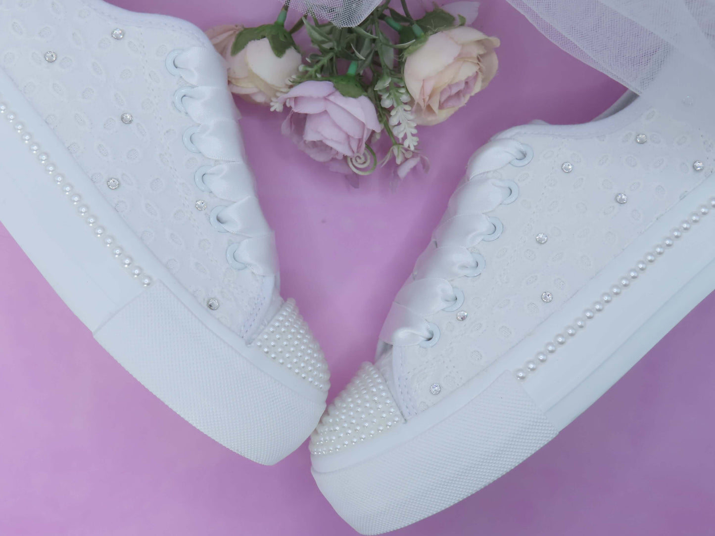 Crystal Shoe Designs Shoes Flower Girl/ Holy Communion White Lace Crystal & Pearl Detail Trainers.