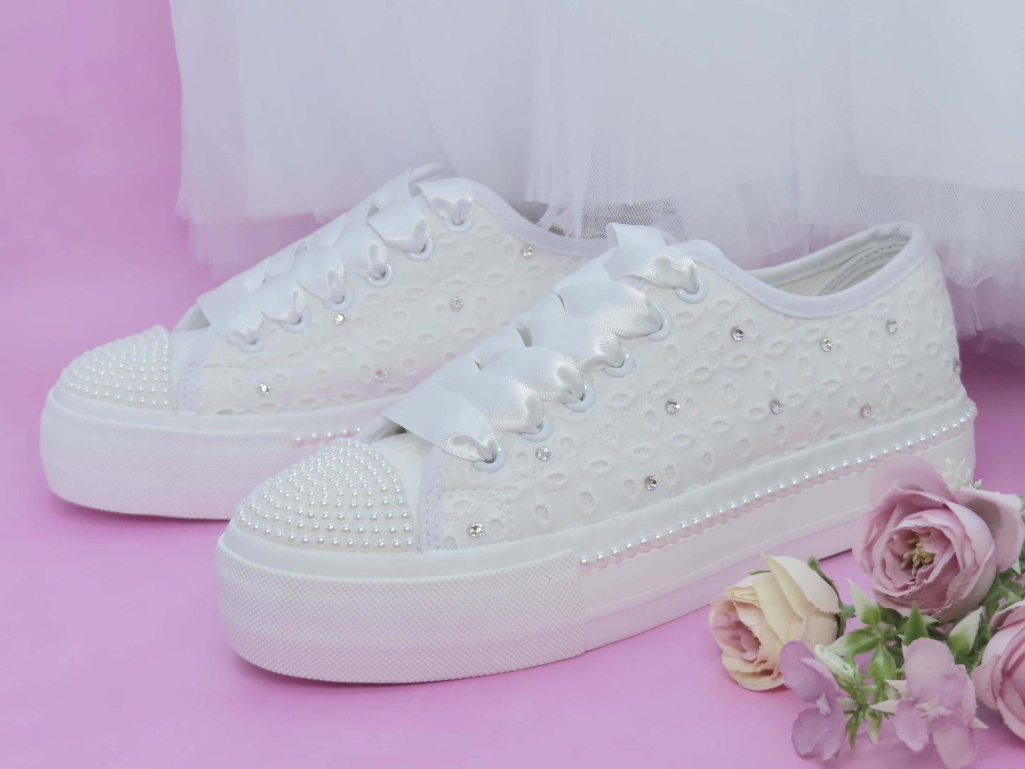 Crystal Shoe Designs Shoes Flower Girl/ Holy Communion White Lace Crystal & Pearl Detail Trainers.