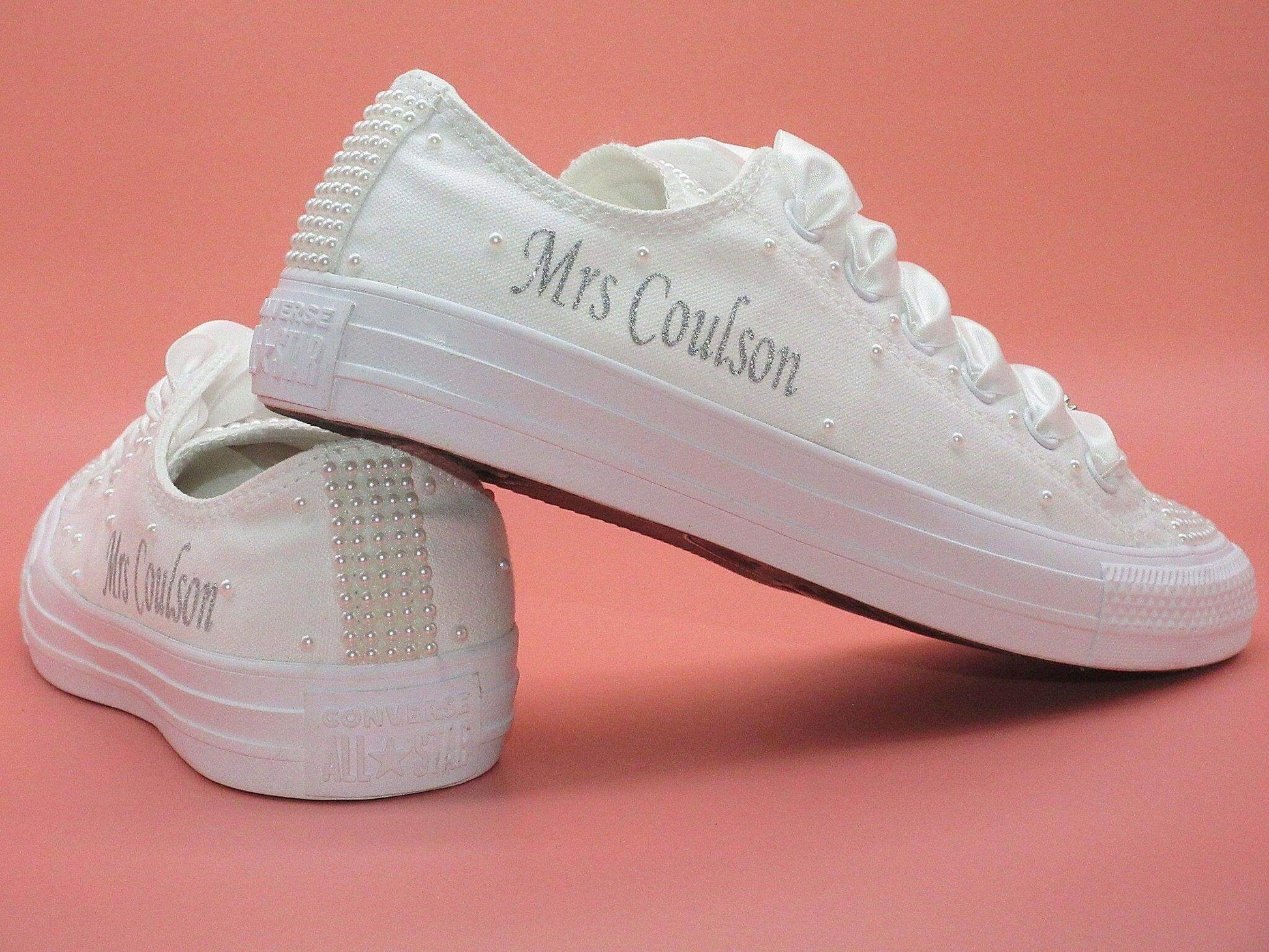  Crystal Shoe Designs Shoes Name Personalised Wedding Bridal Custom Converse, White Pearl Converse, Wedding Sneakers For Brides.