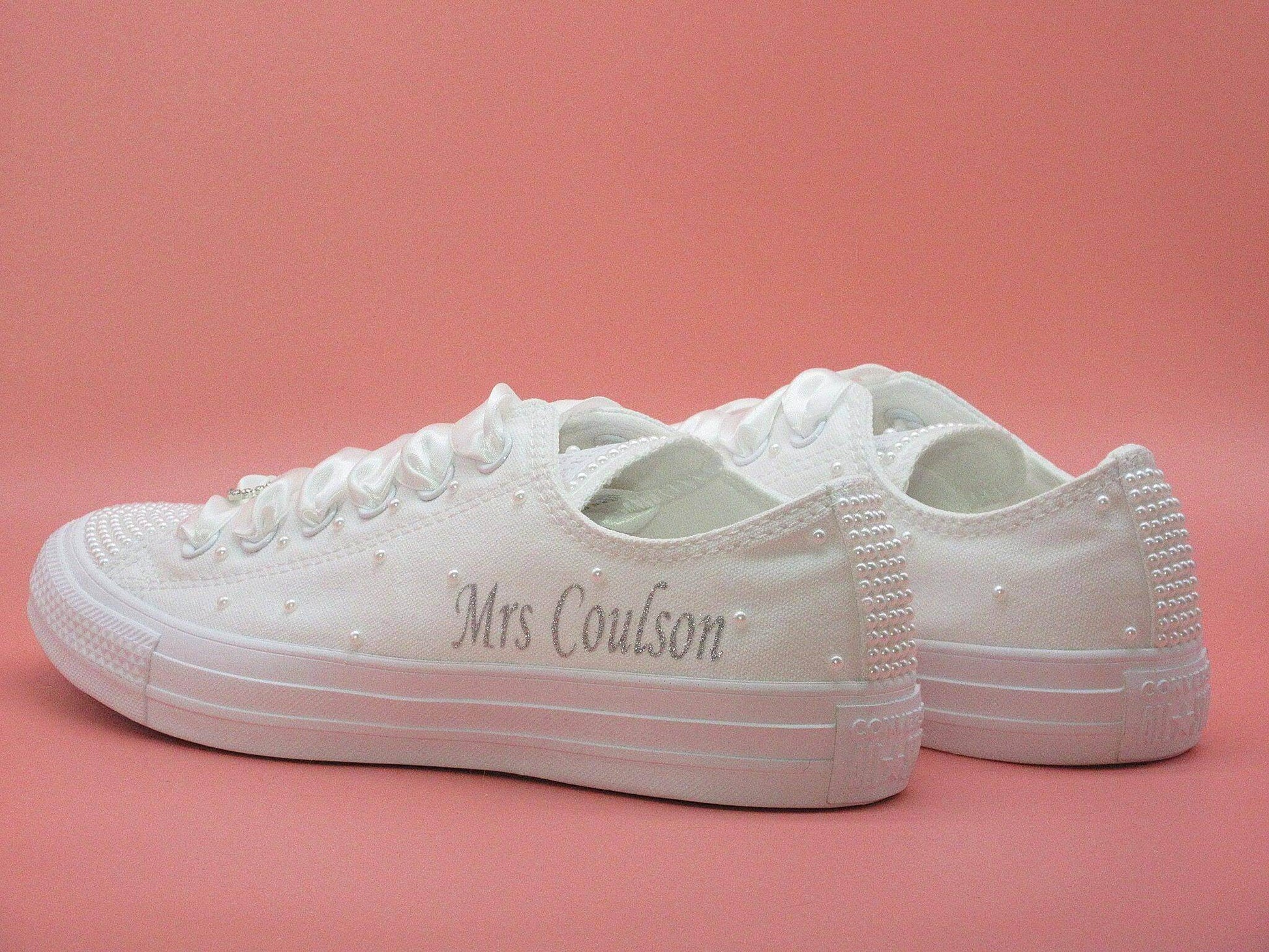  Crystal Shoe Designs Shoes Name Personalised Wedding Bridal Custom Converse, White Pearl Converse, Wedding Sneakers For Brides.