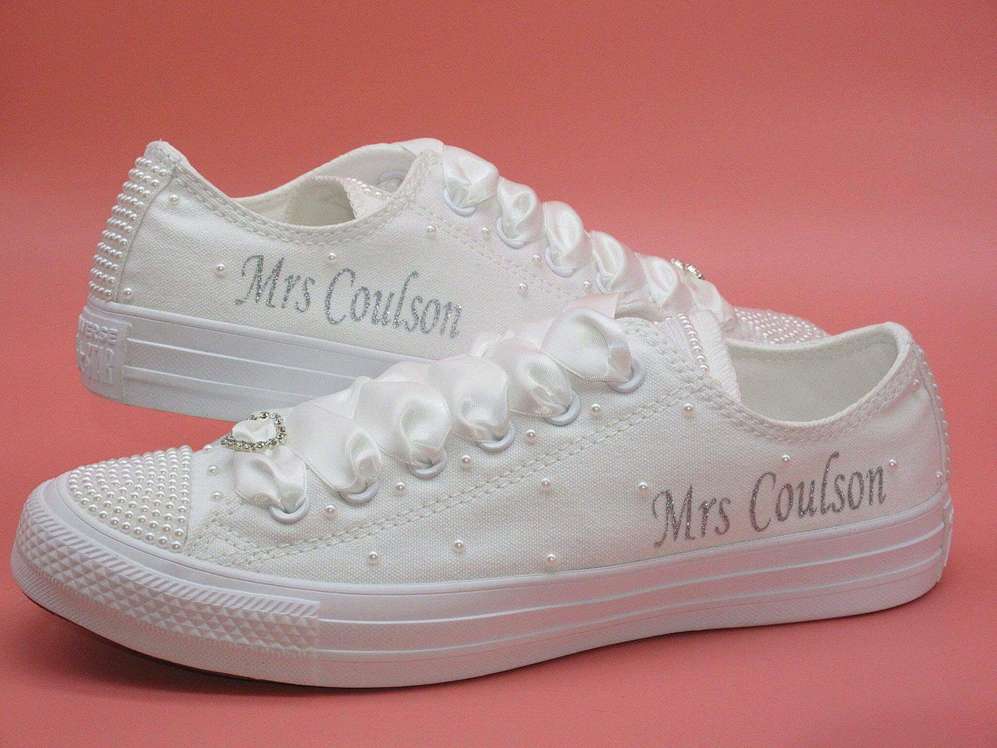  Crystal Shoe Designs Shoes Name Personalised Wedding Bridal Custom Converse, White Pearl Converse, Wedding Sneakers For Brides.