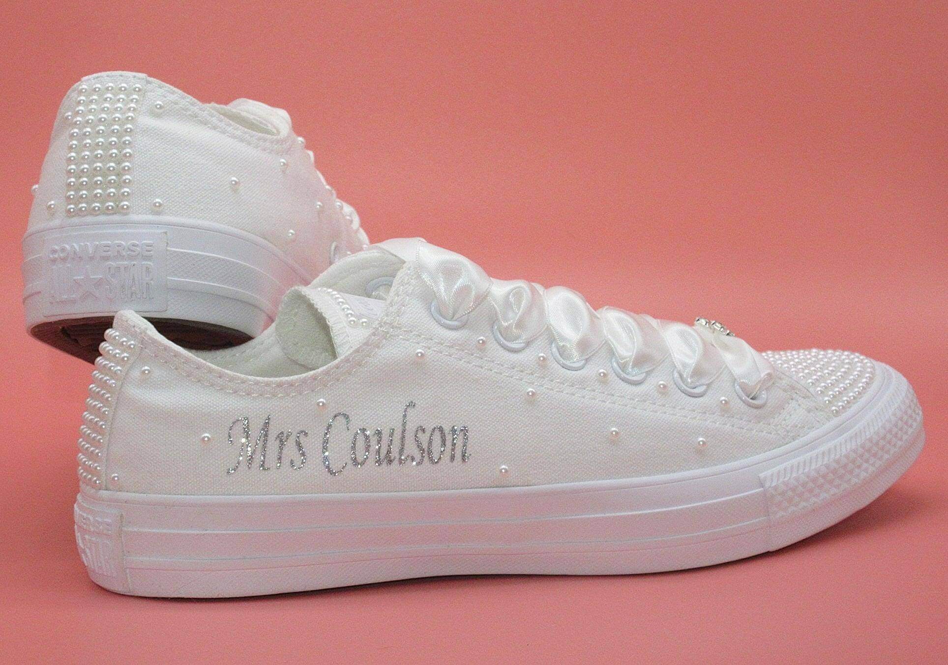  Crystal Shoe Designs Shoes Name Personalised Wedding Bridal Custom Converse, White Pearl Converse, Wedding Sneakers For Brides.