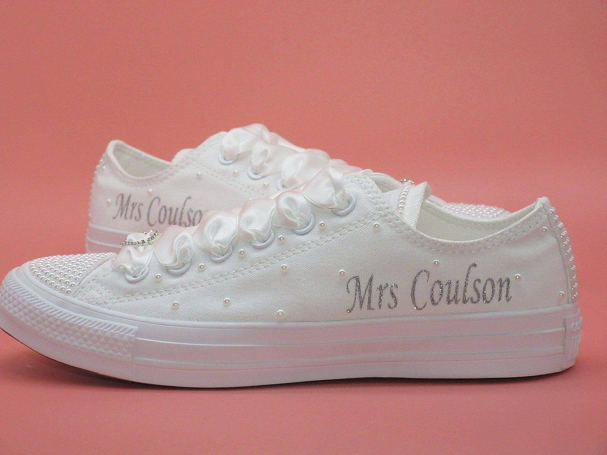  Crystal Shoe Designs Shoes Name Personalised Wedding Bridal Custom Converse, White Pearl Converse, Wedding Sneakers For Brides.