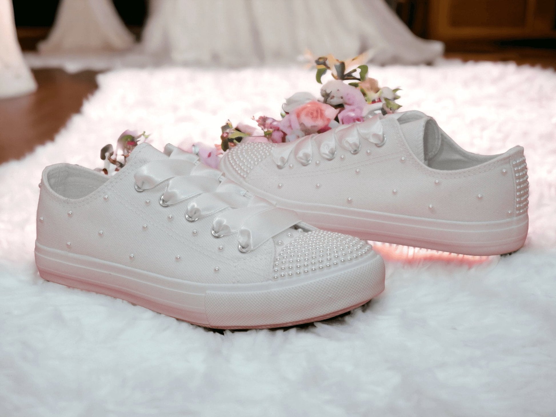 Crystal Shoe Designs Shoes White Pearl  Canvas Wedding Trainers for Brides.