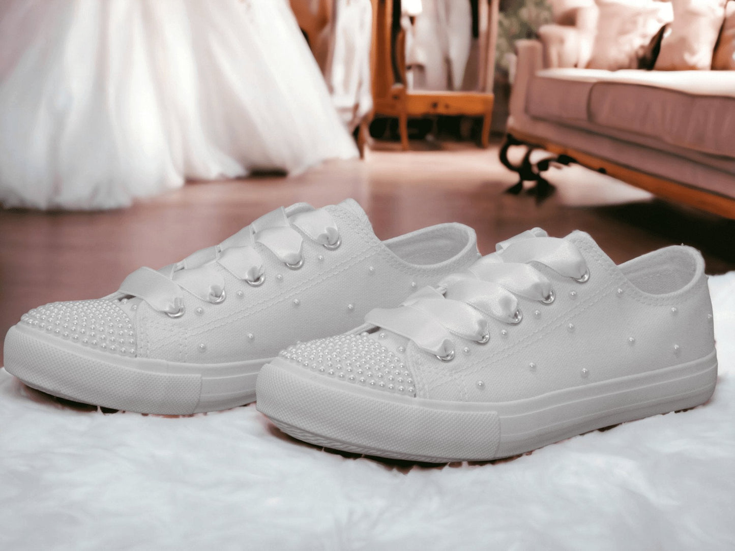 Crystal Shoe Designs Shoes White Pearl  Canvas Wedding Trainers for Brides.