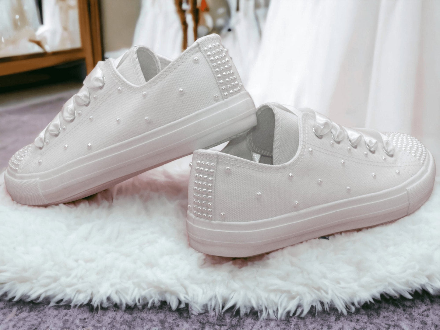 Crystal Shoe Designs Shoes White Pearl  Canvas Wedding Trainers for Brides.