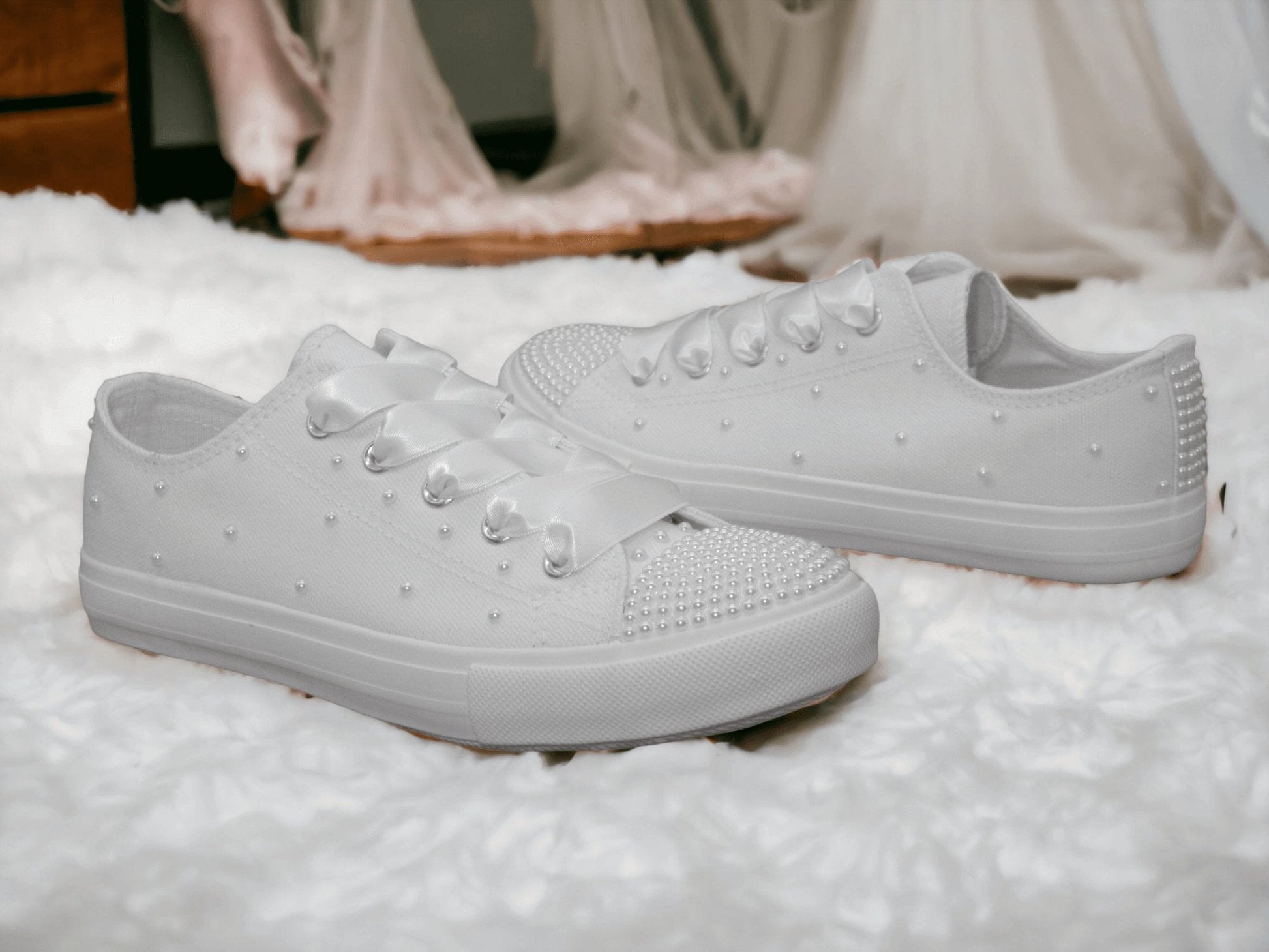 Crystal Shoe Designs Shoes White Pearl  Canvas Wedding Trainers for Brides.