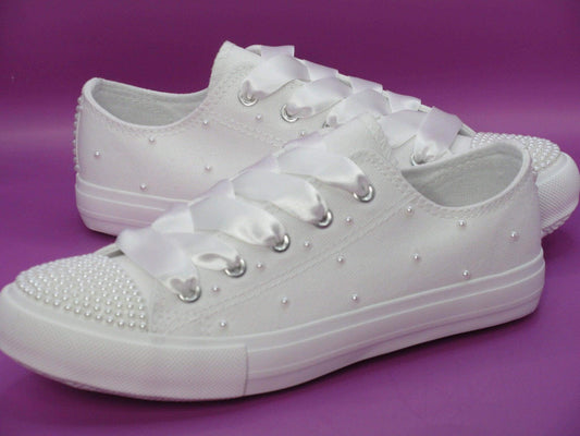 Crystal Shoe Designs Shoes White Pearl Flower Girl / Communion Trainers.