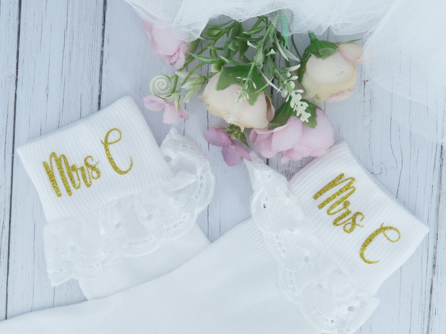  Crystal Shoe Designs Socks Gold Glitter "Mrs" Personalised Wedding Socks.