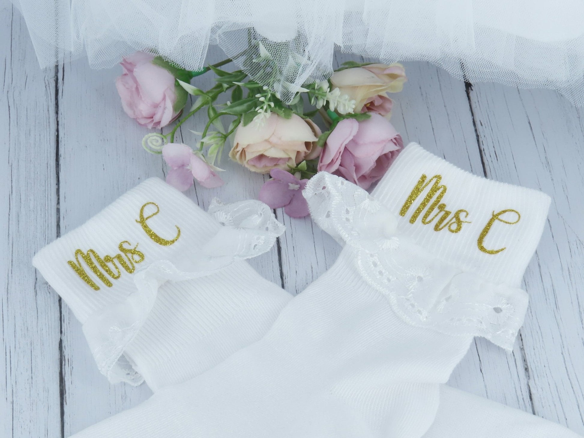  Crystal Shoe Designs Socks Gold Glitter "Mrs" Personalised Wedding Socks.