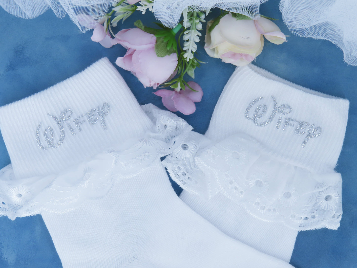 Crystal Shoe Designs Socks "Wifey" Printed Bridal Frilly Socks.