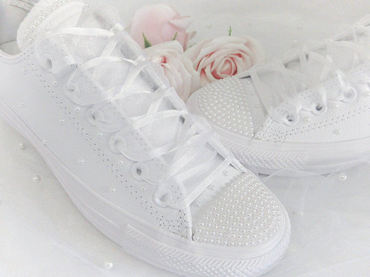 CrystalShoeDesigns Shoes Bridal Wedding Custom White Pearl Leather  Converse- Wedding Sneakers- Bride Converse