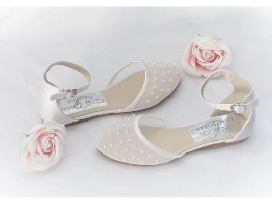 CrystalShoeDesigns Shoes Bridesmaid, Flower Girl, Communion White Ivory Satin Shoes, Girls Party Shoes.