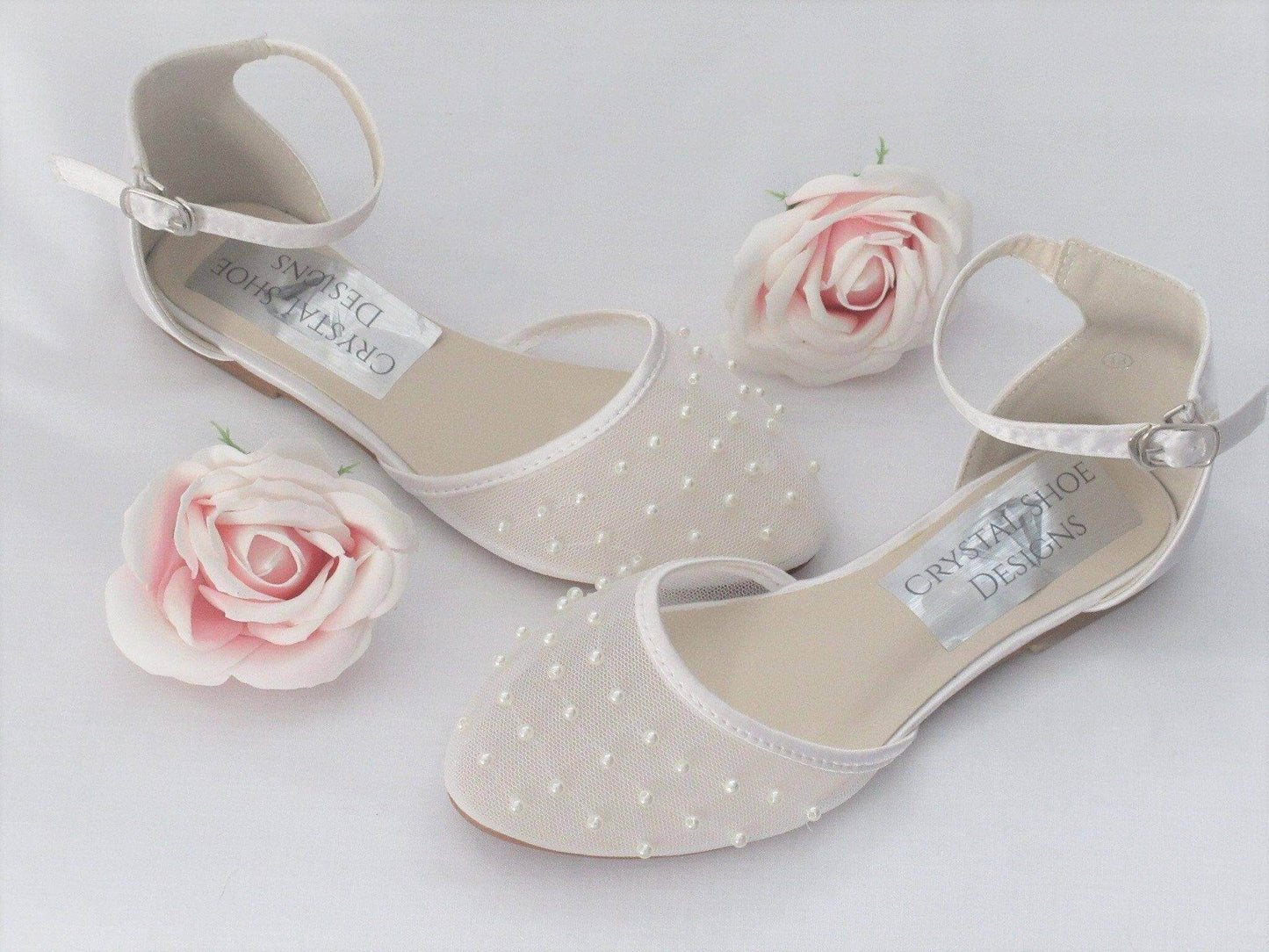 CrystalShoeDesigns Shoes Bridesmaid, Flower Girl, Communion White Ivory Satin Shoes, Girls Party Shoes.