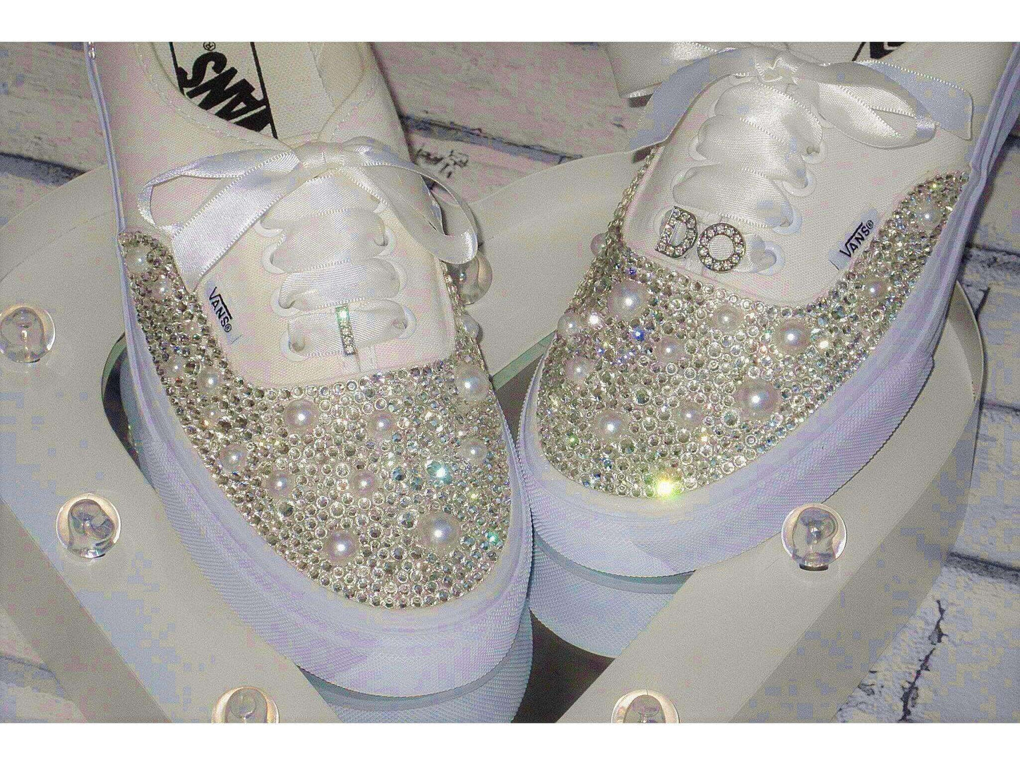 CrystalShoeDesigns Shoes Crystal & Pearl Wedding "I Do" Vans, Wedding Trainers for Brides.